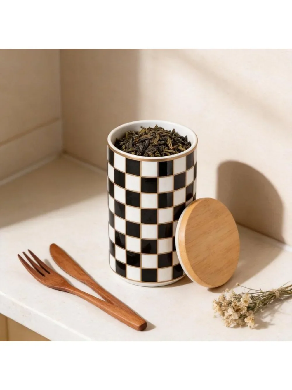 Checkered Airtight Ceramic Canister for Kitchen Storage - Black & White Coffee